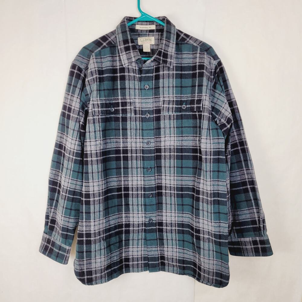 Vintage L.L. Bean green and grey plaid chamois shirt button up Size large